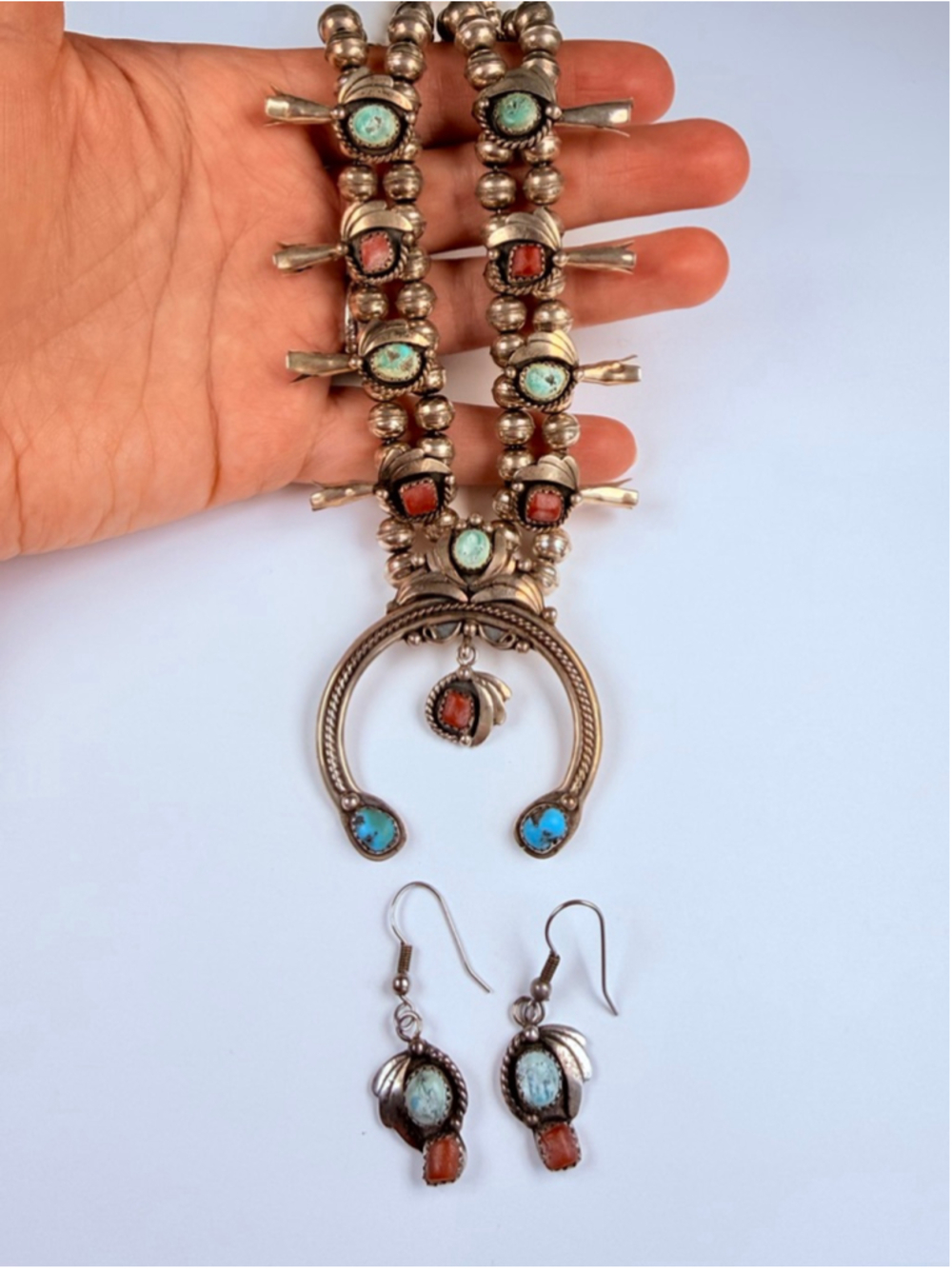 Old Pawn Navajo Squash Blossom Turquoise Coral Sterling VTG Necklace, Earrings - Picture 9 of 11
